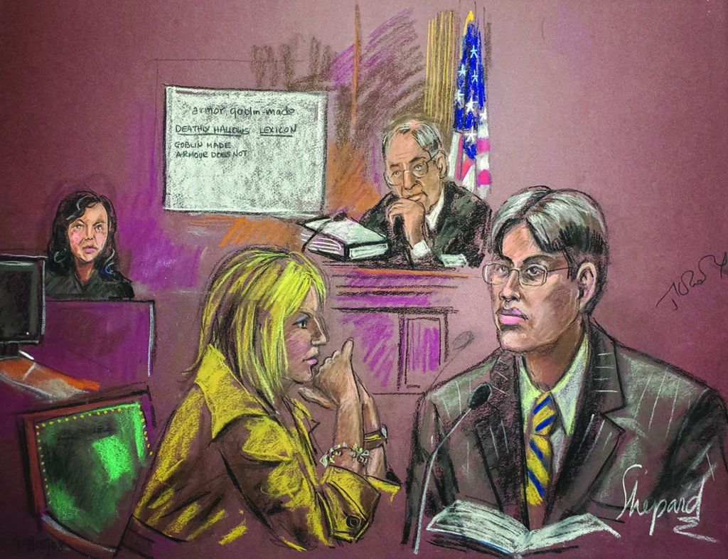 The Shepards’ illustration of Harry Potter author J.K. Rowling in federal court in New York City.